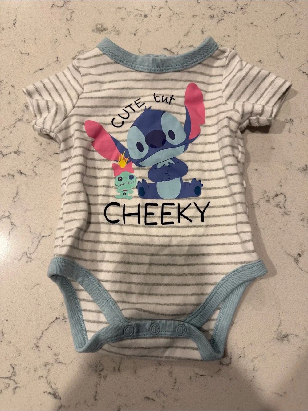 Disney White & Light Blue Striped Stitch 'Cute but Cheeky' Baby One-Piece